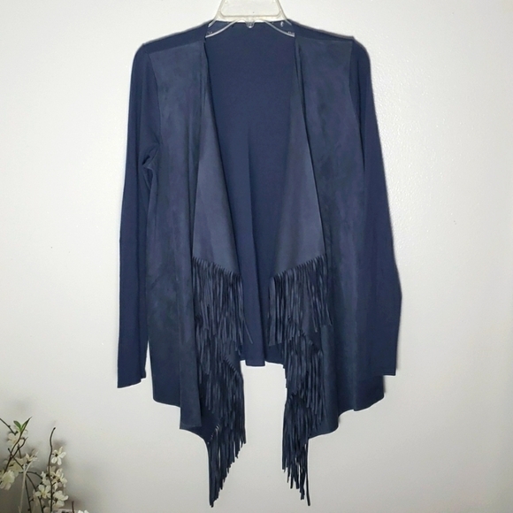 Faux suede and cotton fringe cardigan, blue. Estimated to be women's med/large - Picture 1 of 5